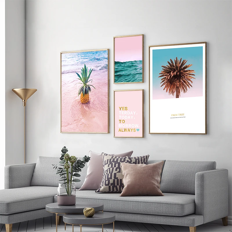 

Pink Sea And Pineapple Coconut Palm Tree Seascape Wall Art Posters Canvas Painting Modern Landscape Pictures Living Room Decor
