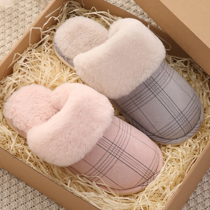 

Winter Women's Indoor Slippers Furry Warm Cozy Bedroom Memory Foam Hairy Platform Shoes Plush Lattice Home Soft Slippers