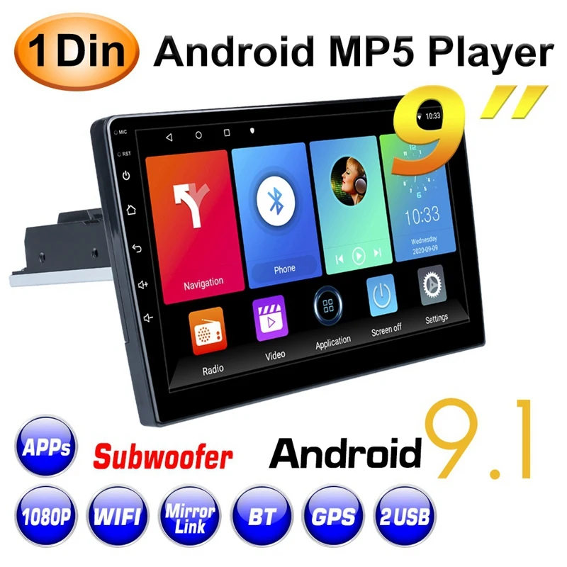 

9 дюймов 4 ядра Android 9,1 автомобильный стерео радио 1DIN Регулируемый GPS навигации WI-FI MP5 плеер, FM, Bluetooth, телефонная связь