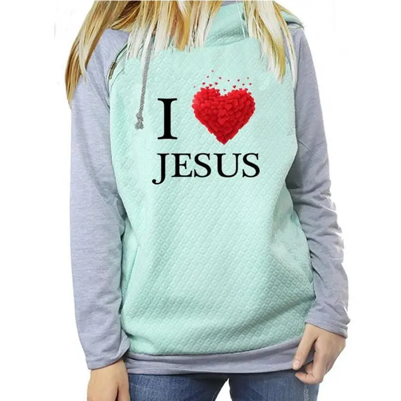 

Bible Faith Hoodies For Women Zipper Decoration I Love Jesus Letters Print Women's Sweatshirt Tops Kawaii Girls Thick Cotton