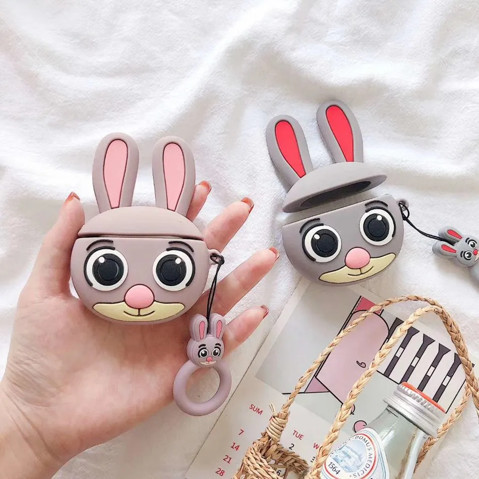 3D Silicone Earphone Case For Airpods 2 Cute Rabbit Animal Cartoon Headphone Cover Apple Air pods Earpods Ring | Электроника