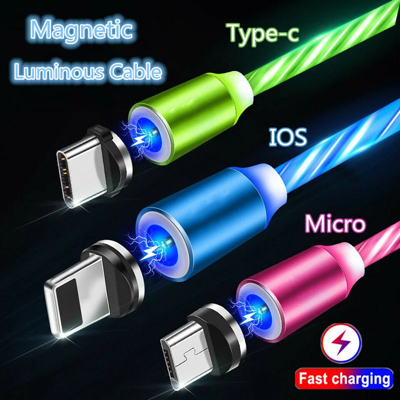 1 м 360 ° светодиодный плавный свет Магнитный type C USB Micro Android зарядный кабель для iPhone
