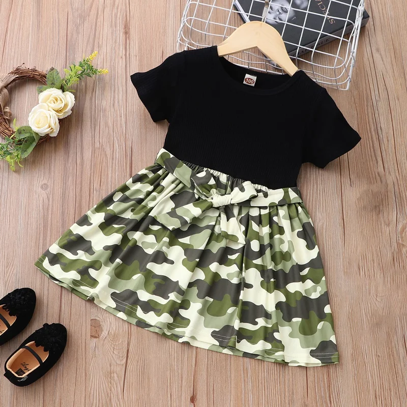

New Kids Dresses for Girls Cotton Patchwork Camouflage Short Sleeve Girls Dresses Military Style Casual Kids Clothes Summer 0-6Y