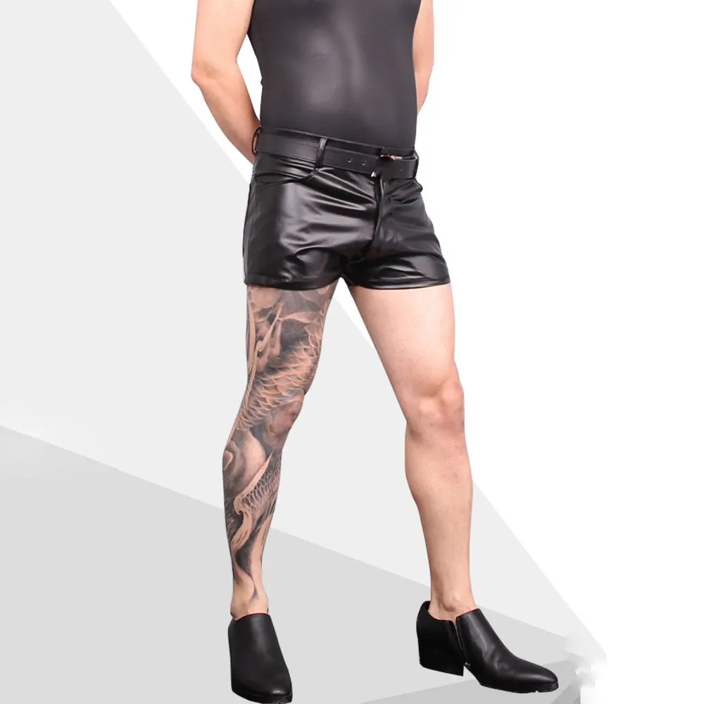 

Oil Shiny PU Black Casual Shorts For Men With Pockets Stretch Slim Fit Leather U Convex Tight Pants Clubwear Shapewear Boxer