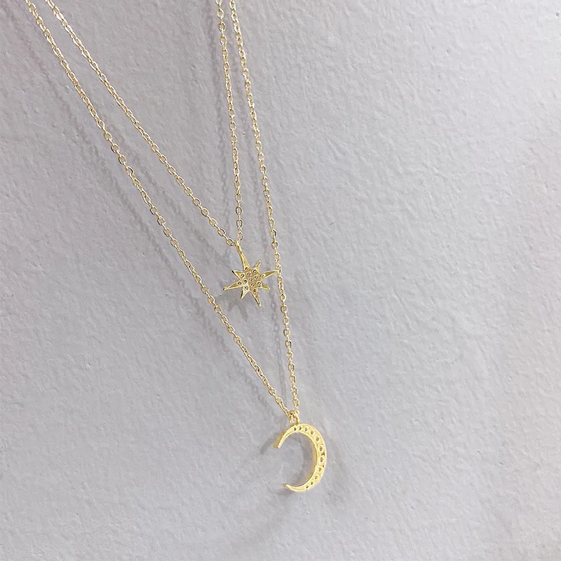 

14k Gold Plated Star Moon Necklace Shining Bling AAA Zircon Women Clavicle Chain Elegant Charm Wedding Pendant Jewelry