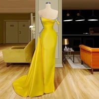 new arrival real image 2021 yellow mermaid prom dresses with beads train satin cheap party dress yong girls robe new year