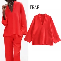traf women shirts blouses za 2021 summer vintage red long sleeve shirt women clothing loose plus size women clothing chic tops