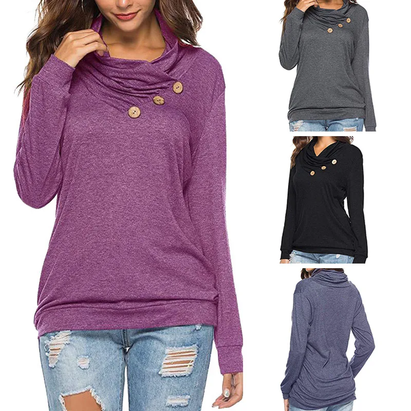 

Women Autumn T-shirt Solid Color Long Sleeve Stand Collar Button Tees Casual A481