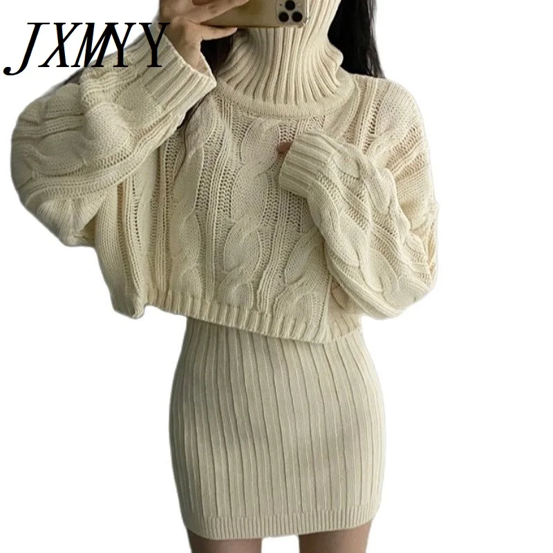 

JXMYY корейский шикарный осенне-зимний французский нежный крученый короткий свитер с высоким воротником + вязаная юбка на бедрах Модный женск...