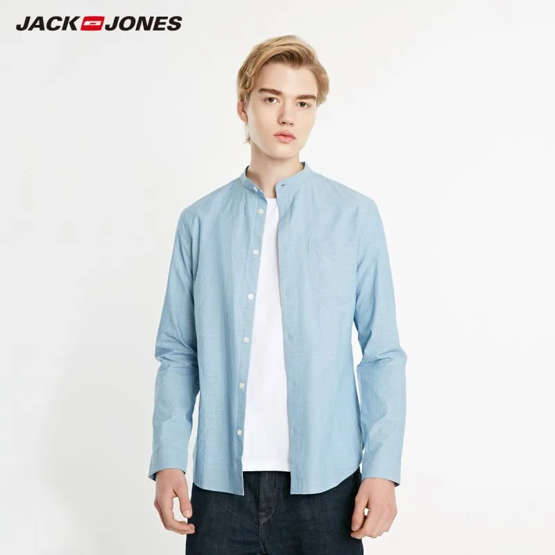  JackJones Для Мужчин's 100% хлопковое нательное белье, Базовая рубашка, рубашка Slim Fit Тканые воротник стойка с длинным рукавом рубашка 