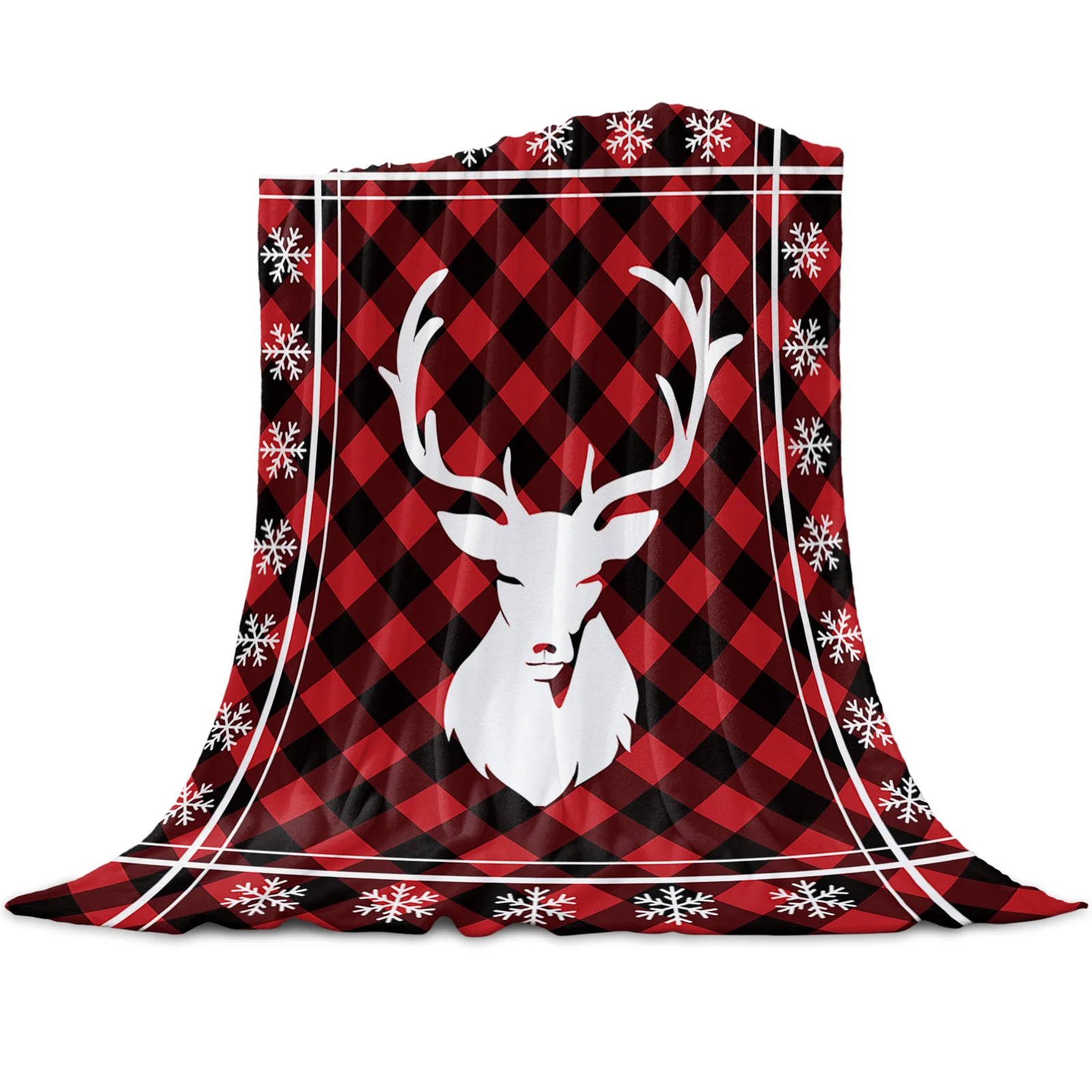 

Christmas Snowflake Elk Red Plaid Throw Blanket for Sofa Christmas Decoration Bedspread Portable Microfiber Flannel Blanket