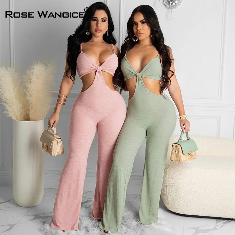 

Comfortable Sexy Backless Sleeveless Fashion Hollow-out Halter 2021 Women Clothing Summer Solid Color Tight Beach Party Jumpsuit