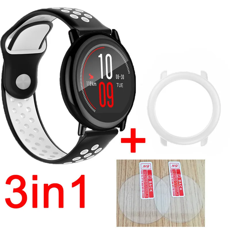 black white-white 3в1 Huami Amazfit Stratos pace ремешок Смарт часы силиконовые полосы браслет ремень для xiaomi Huami Amazfit стекло Защита экрана - Цвет: black white-white