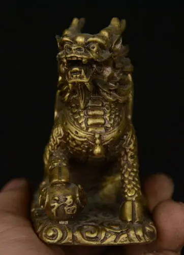 Китайская медная Бронзовая статуя фэн-шуй животное цилинь мяч летучая мышь | Дом