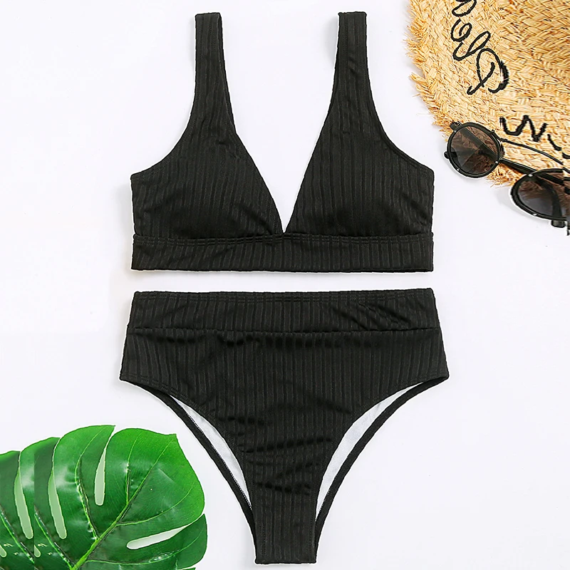 

Sexy solid ribbed bikinis 2021 High waist swimsuit women V neck swimwear female Sport bathing suit Stripe biquini