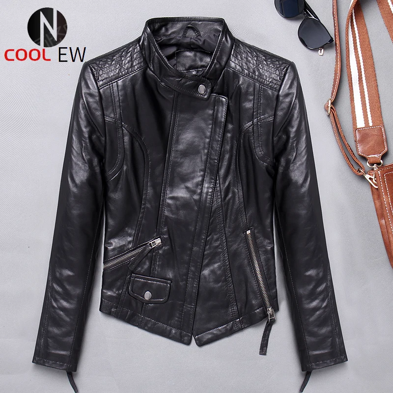 

Luxury Genuine Leather Jacket Female Spring Autumn Slim Fit Short Motorcycle Jacket Streetwear Punk Zipper Sheepskin Coat Women