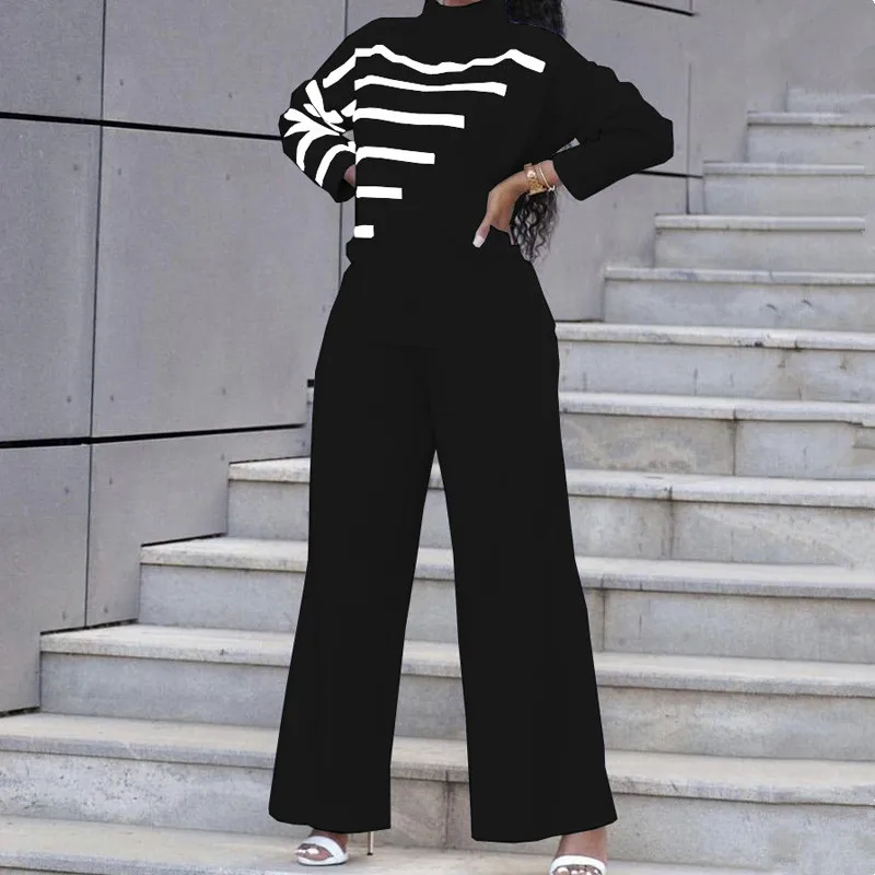 

New Fashion Casual Women Two Piece Set Autumn Turtleneck Print Loose Long Tops and Wide Leg Pants Set