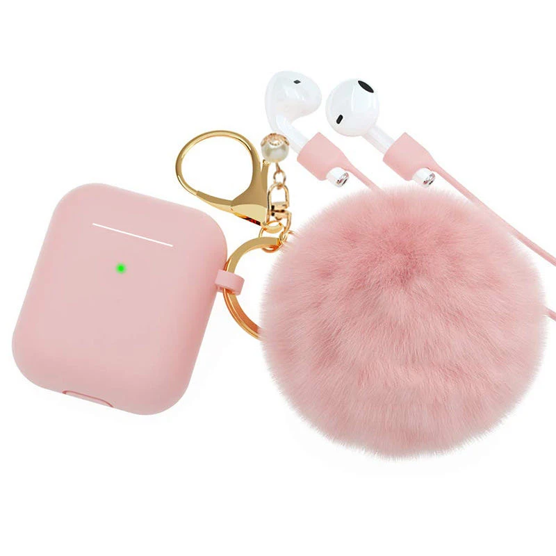

Новинка силиконовый чехол для Airpods 2 Bluetooth беспроводные наушники гарнитура Симпатичные жемчужные розовые меховые шарики для Apple AirpodS 1 чехол ...