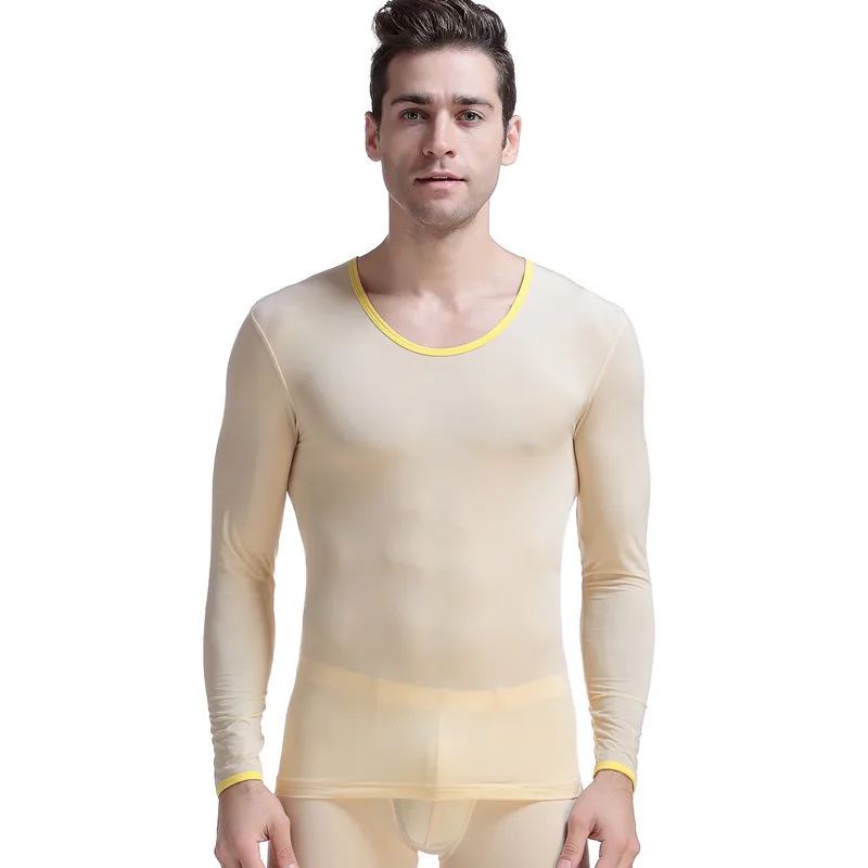 Men's Thermal Underwear Suit Sexy Ultra-thin Silk Translucent Long Johns Brand Thermo Underwear Lounge Man Slim Top Leggings Set