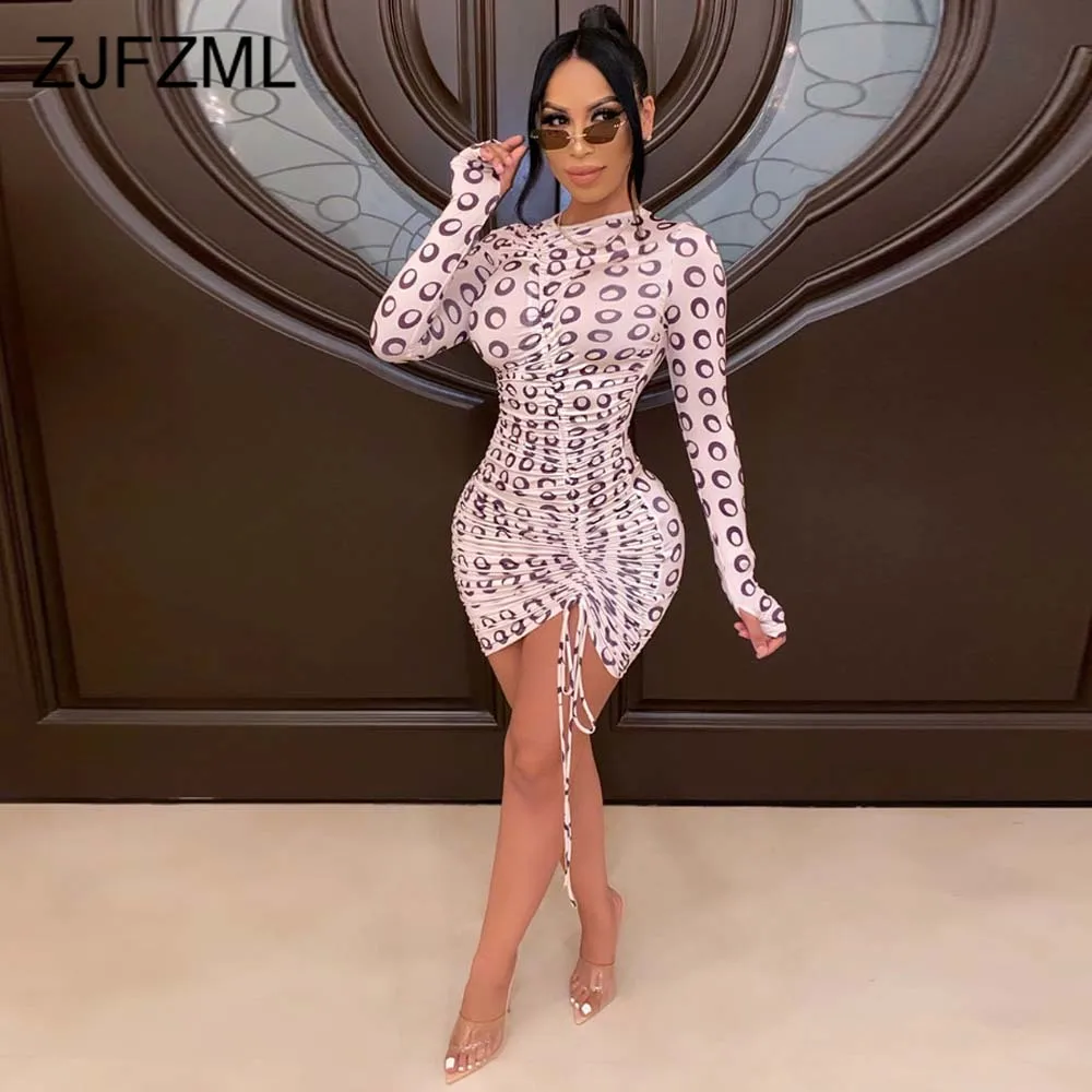 

Circle Printed Streetwear Party Club Dresses Women Sexy Ruched Drawstring Bandage Mini Dress Spring Autumn High Waist Slim Robe