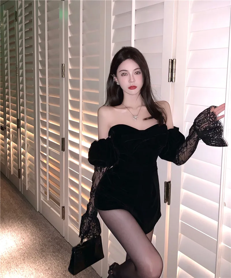 

New fashion one-word neck strapless tie tie ladies temperament lace black velvet jumpsuit pants