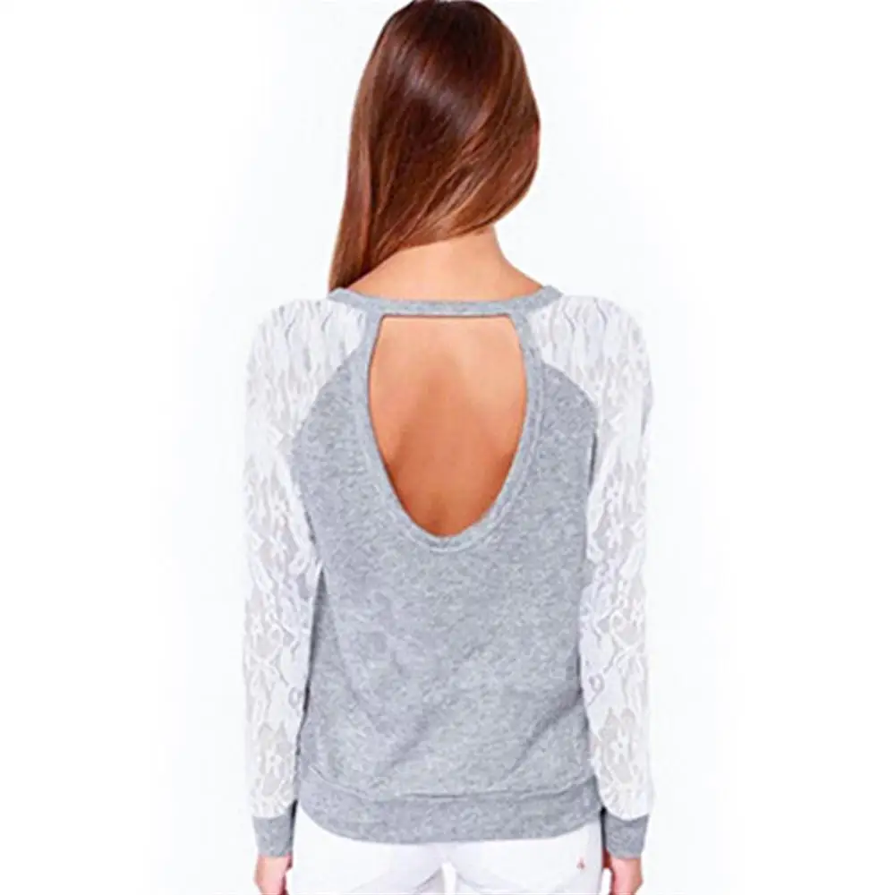 Женские свитшоты осень с открытой спиной вышивка кружева повседневные толстовки