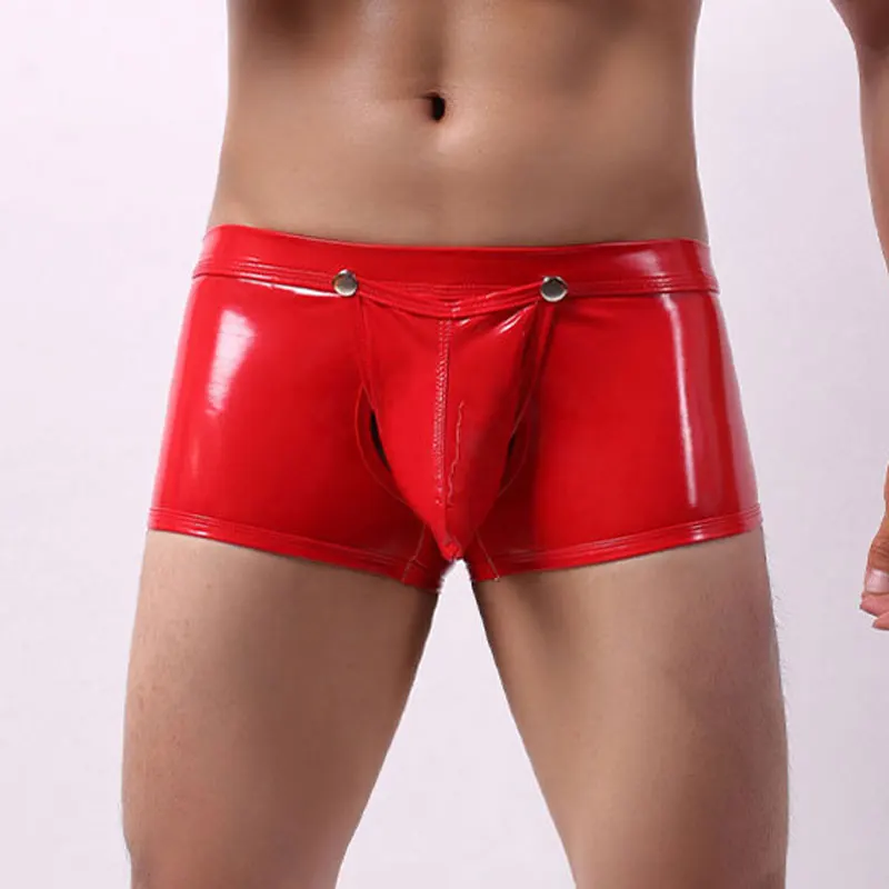 

Sexy COCK Ring Plus Size Zipper Open Crotch Boxers Shiny Faux Leather Stage U Convex Pouch Gay Wear Jockstrap Erotic lingerie 15