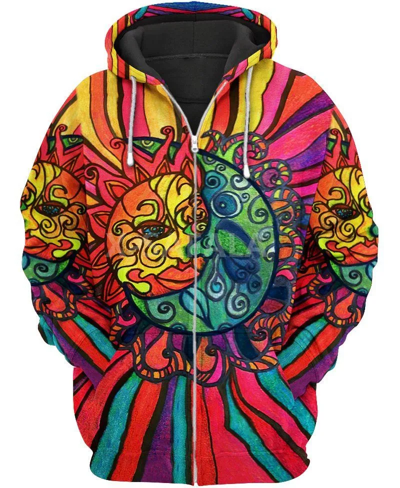 

Хиппи солнце и луна 3D печати с капюшоном на весну, для мужчин и женщин Harajuku 2 верхняя одежда на молнии пуловер Толстовка Повседневная одежда ...