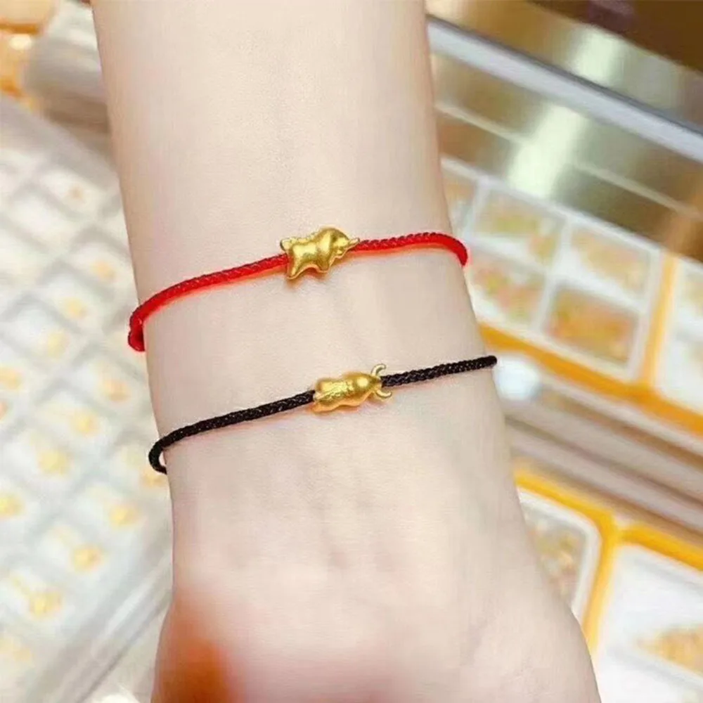 

999 Real 24K Yellow Gold Woman Bracelet 3D Luck OX Bead Red / Black Cord Weave Bracelet / Best Gift