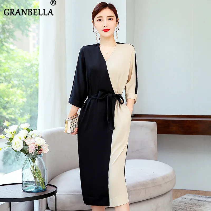 

Spring Autumn High Waist Office Lady Elegant Stain Bandage Dress Plus Size Contrast Color Patchwork Midi Dresses Women Vestido