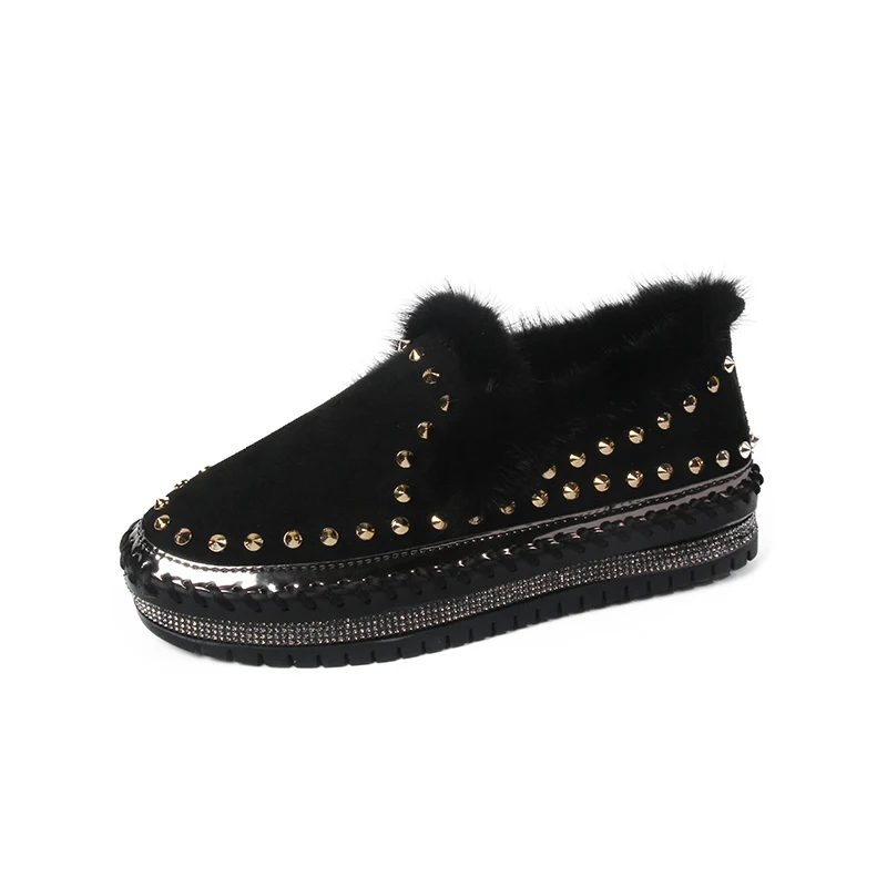black fur Зимние новые женские меховые Лоферы удобные повседневные кроссовки на платформе - Цвет: black fur