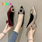 Туфли женские на высоком каблуке, с острым носком, с жемчужной пряжкой, на толстом каблуке, 2021