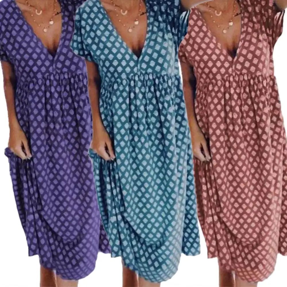 Женское платье с коротким рукавом V-образным вырезом и геометрическим принтом |