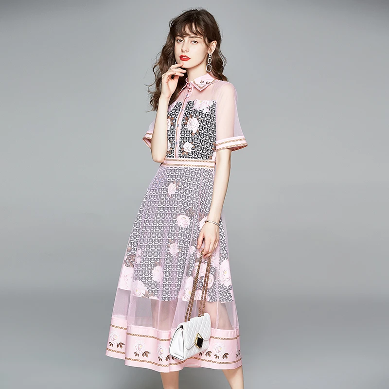 

Elegant Summer Women Dress 2020 New Designers Runway Fashion Short Sleeve Floral Print Patchwork Sexy Mesh Dress