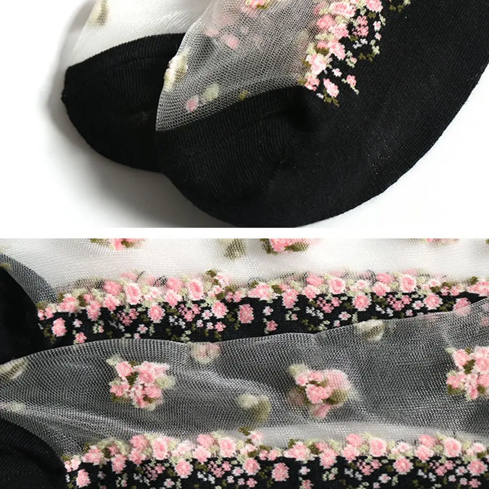 

1 Pair Women Flower Sock Summer Lace Crystal Glass Silk Socks Short Thin Transparent Roses Jacquard Elastic Ultrathin Socks