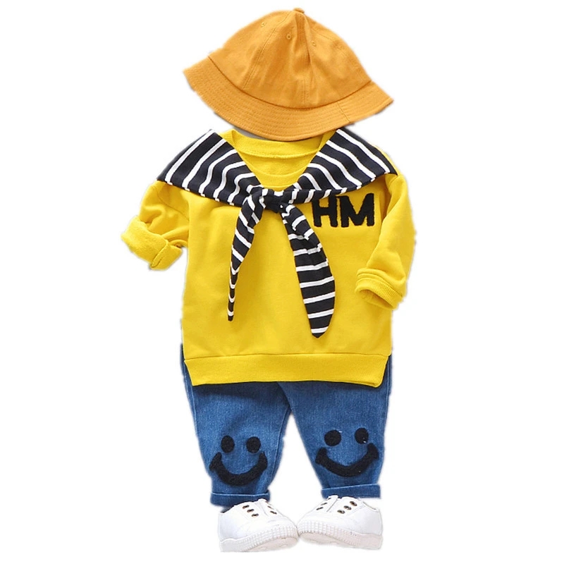 

Spring Autumn Baby Cotton Clothing Sets Fashion Children Girls Boys Fake Scarf T-shirt Jeans 2 Pcs/Sets Kid Casual Tracksuits