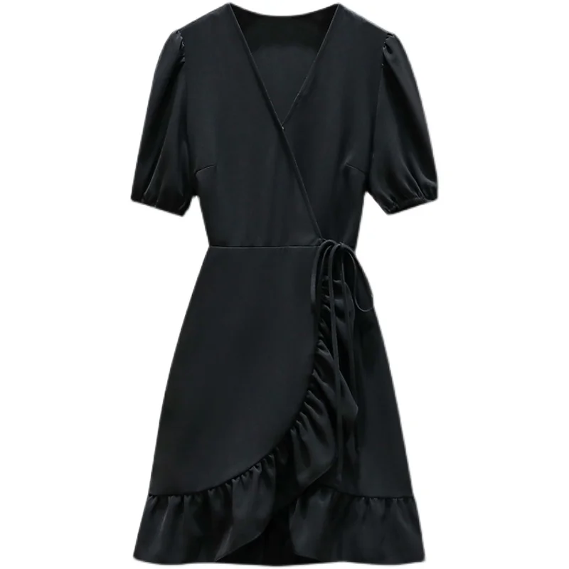 

4XL Plus Size Women French Vintage Black Short Dress Summer 2021 V-Neck Puff Sleeve Patchwork Ruffle Lacing Warp Dresses