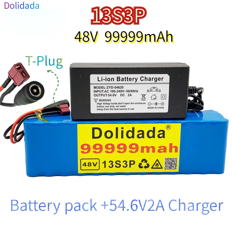 

48V 99999mAh 1000w 13S3P 48V 18650 Lithium ion Battery Pack For 54.6v E-bike Electric bicycle Scooter with BMS+54.6V 2ACharger