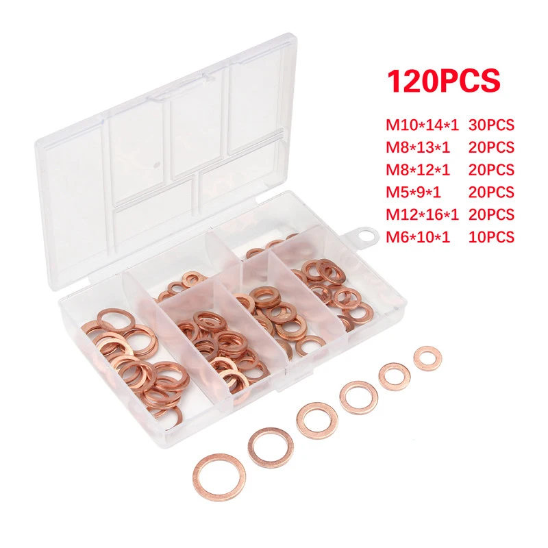 120Pcs M5/M6/M8/M10/M12 Copper Washer Gasket Set Flat Ring Seal Kit Set For Generators Machinery With Box