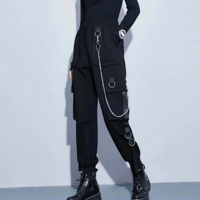 

Casual black female cargo pants, loose-waisted pants for -style women.