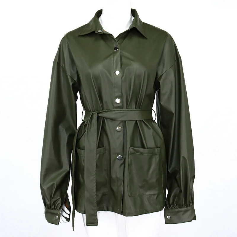 

FNOCE 2021 new spring women's faux leather jackets fashion trends casual sexy elegant solid long sleeve slim Sashes leather coat