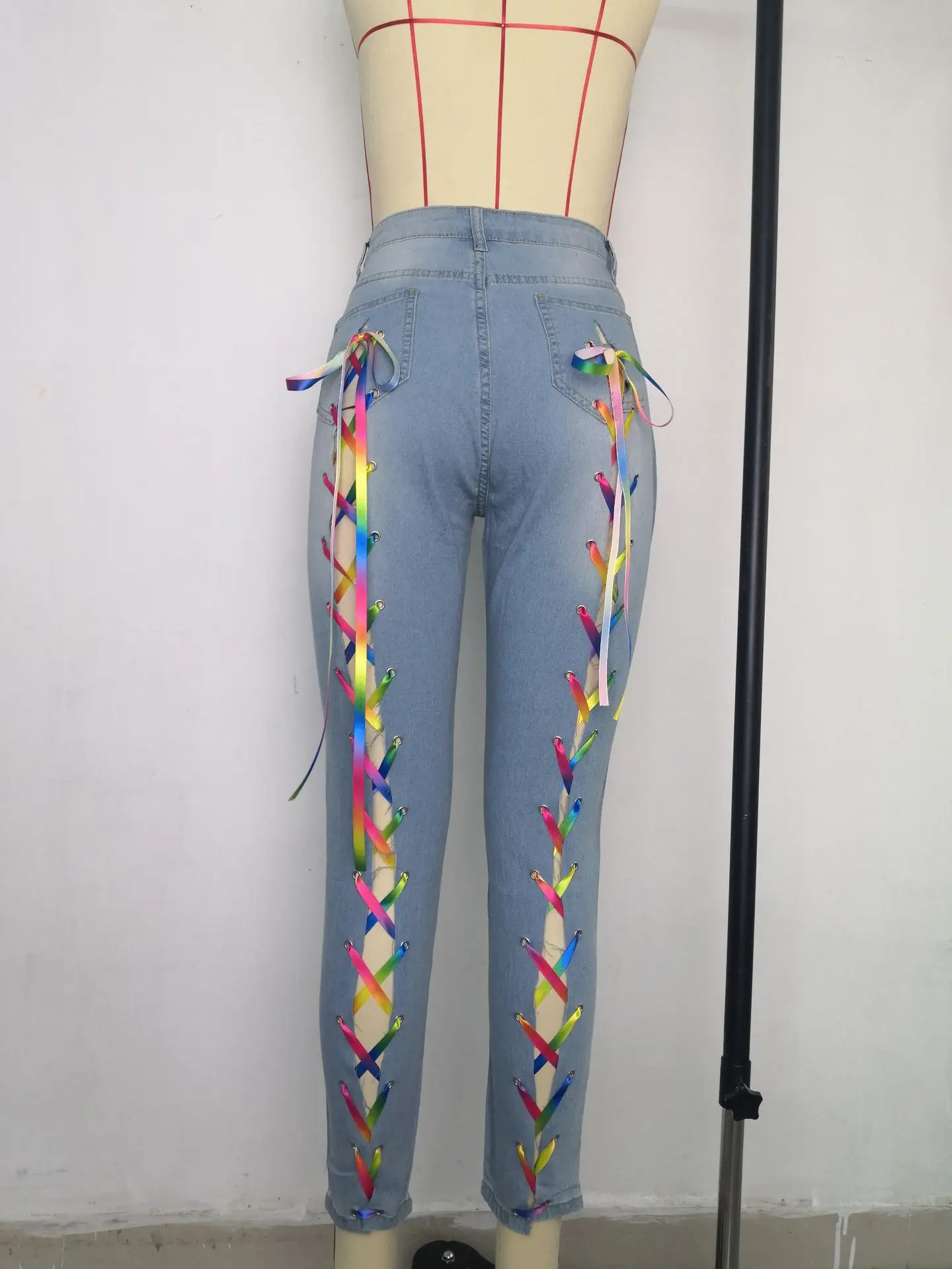 

Echoine Sexy Bandage Lace Up Grommet Denim Pants Blue High Waist Pencil Jeans Pants Skinny Bodycon Hole Ripped Trousers 2021