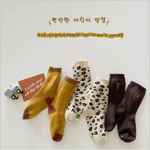 Купи 3Pairs Pack 1-8 Year 2021 autumn and winter plaid leopard print boys and girls tube socks cute combed cotton baby socks за 234 рублей в магазине AliExpress