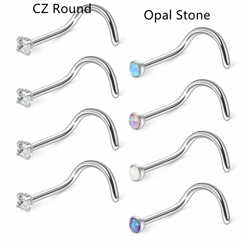 50pc/lLot Opal Stone CZ Nose Rings Nostril Nose Ring Studs Curve Scew On Nose Piercing 20g~0.8mm Body Piercing Jewelry