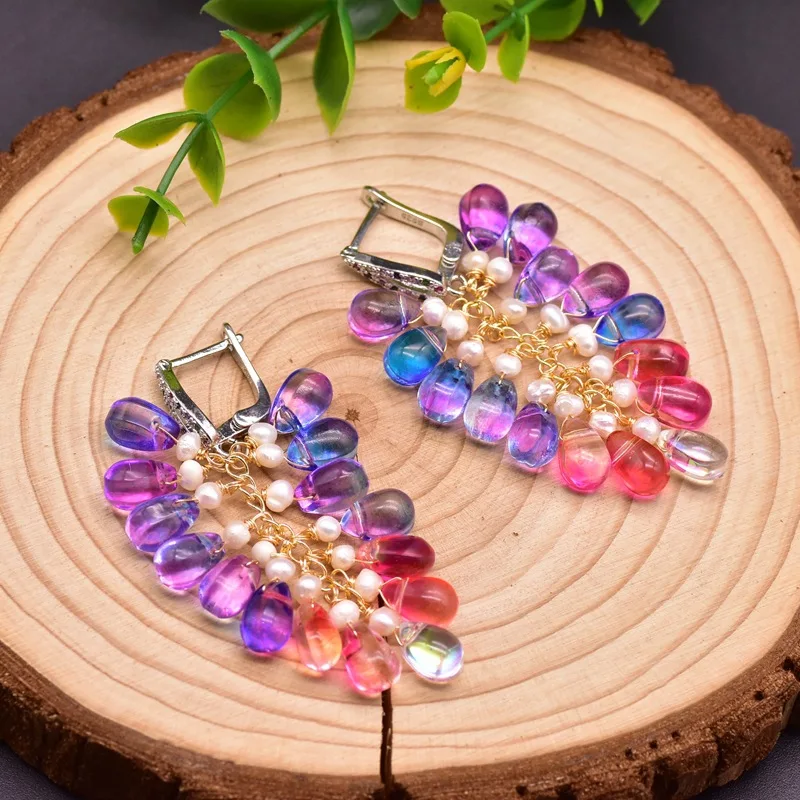 

Натуральный, украшенные разноцветными кристаллами, свисающие серьги для женщин, серьги для влюбленных обручальные кольца из натурального ...