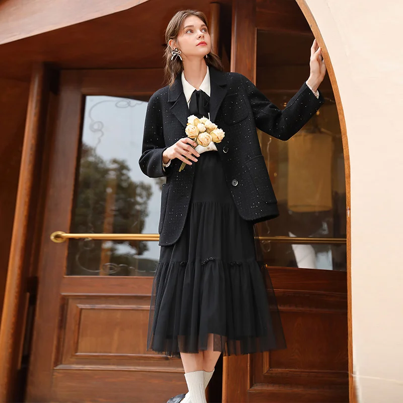 

Женское двухстороннее твидовое пальто SHZQ, черное шерстяное пальто средней длины, Осень-зима 2021