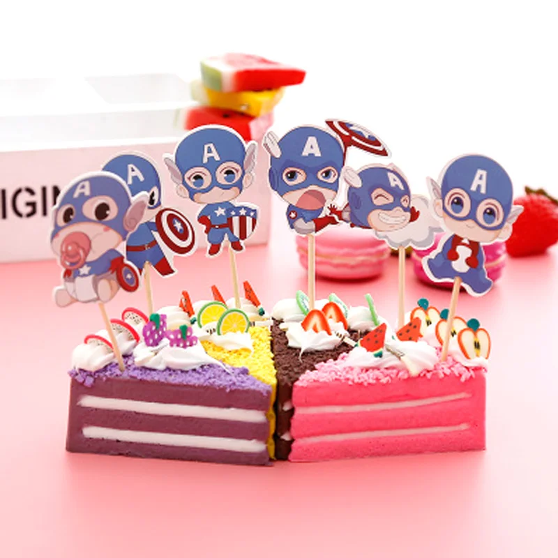 

24pcs/lot Happy Birthday Events Party Baby Girls Kids Favors Avengers Cake Card Wtih Sticks Decorations Cupcake Toppers