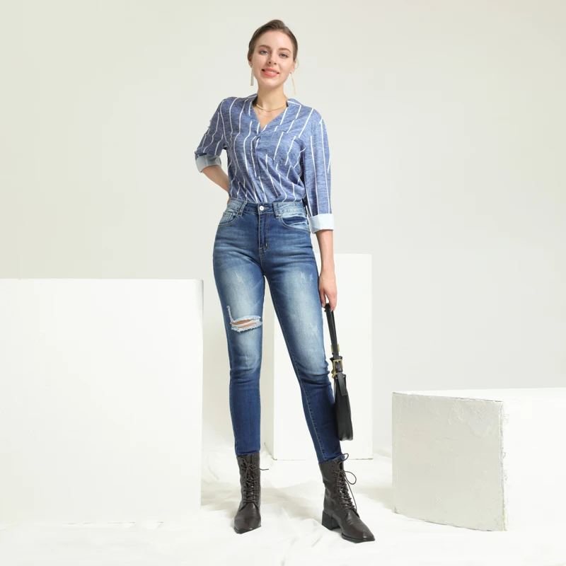 

Fashion Autumn Women's Jeans Casual Skinny Leg Pants High Waist Denim Jeans Mom Jeans Streetwear Ripped Trousers for Female