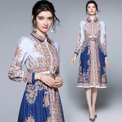

Banulin 2021 Runway Turn Down Collar Shirt Dress Women Luxury Black Pink Floral Printed Long Sleeve Elegant Vintage Midi Dress