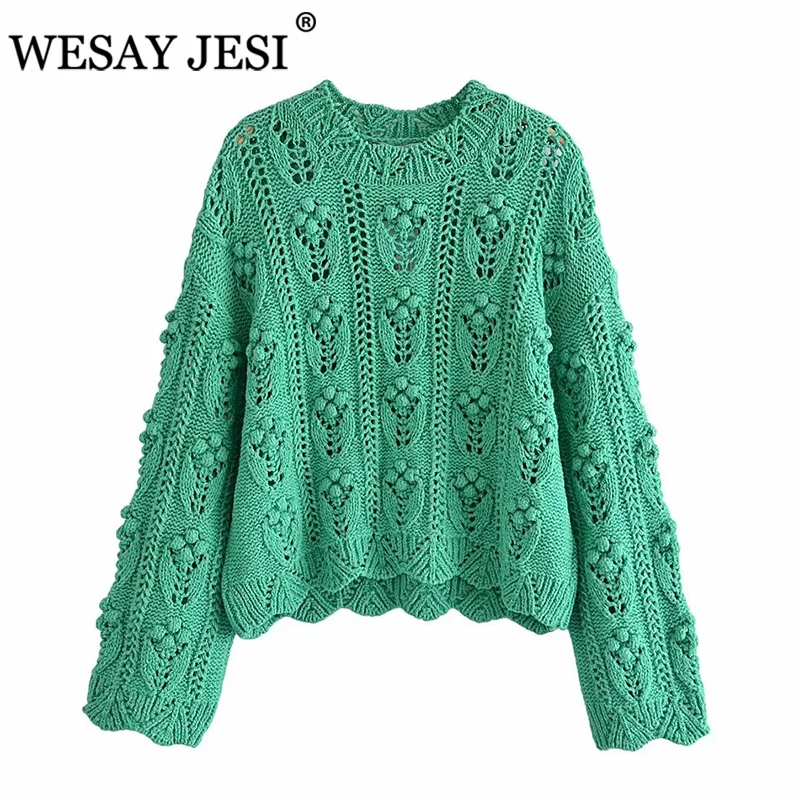 

Женский свитер с вырезами WESAY JESI Za, зеленый винтажный пуловер с длинным рукавом, вязаные свитера оверсайз в уличном стиле, осень 2021